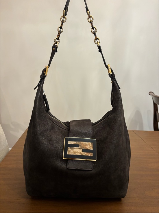 Fendi Handbags - Authentic Fendi Large Dark Brown Leather suede Shoulder Bag Decorative Buckle